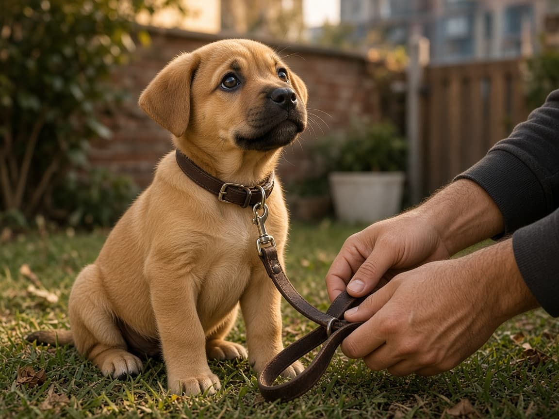 A puppy learns to sit on a leash