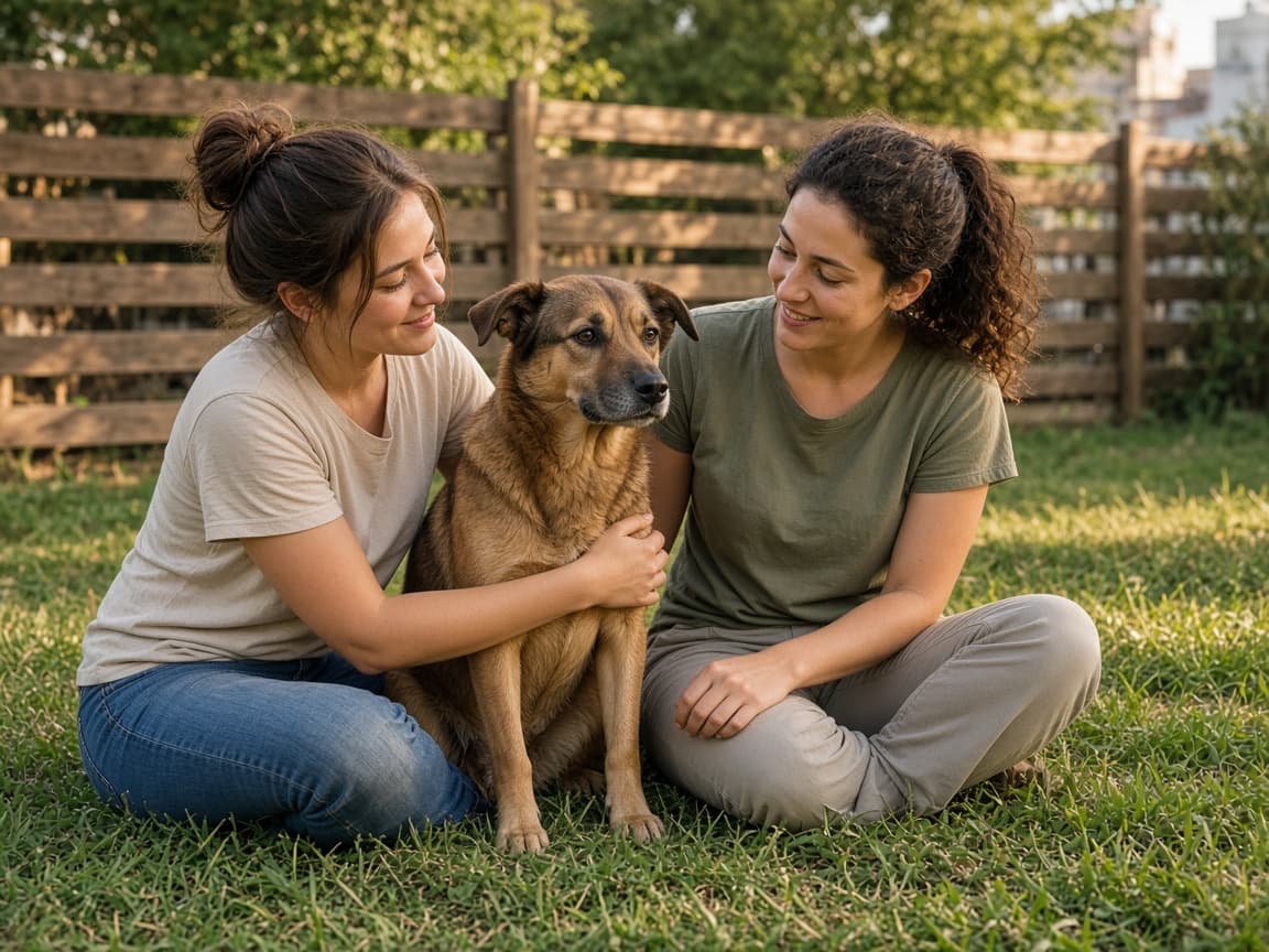 Two trainers sit with a dog at the yard